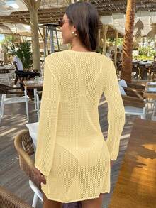 Áo khoác ngoài đi biển nữ FOR BEAUTY phong cách Y2K mùa hè, màu trơn, thiết kế cut-out, cổ bẻ, áo sơ mi đi biển, đồ nghỉ dưỡng, lễ hội, casual chic top - Màu vàng - Xem 5