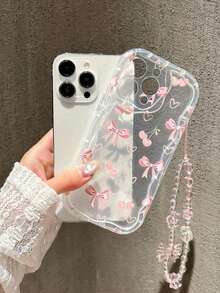 1 件可爱粉色樱桃蝴蝶结防震手机壳，兼容 16/16 Pro Max、11/13/14/15、12 Pro Max/13 Pro、15 Pro Max/XR，带泰迪熊挂绳，适合女性，情人节礼物 - 透明加掛繩 - 查看 2