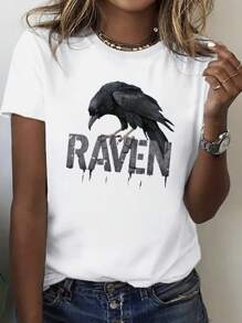 Camiseta de mujer de moda de algodón puro de 180g con diseño de cuervo negro sobre piedra y tipo de letra, apta para uso diario en verano y las cuatro estaciones, escuela, vacaciones, casual, festival, moda