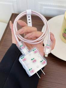 5件套粉色水晶樱桃仿珍珠设计充电套装（20W/18W），包含充电线保护套、充电头保护套、兼容充电线保护套、充电器配件、手机配件 - 粉色 - 查看 3