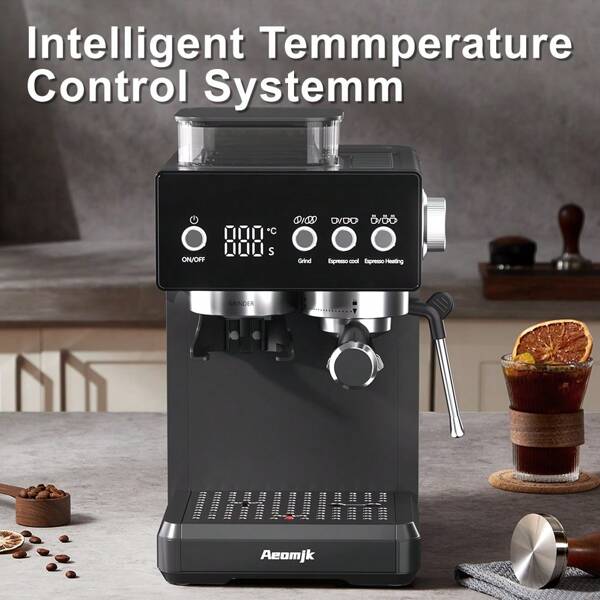 Aeomjk Aeonjk Espressomaschine mit halbautomatischer Mühle, Temperatur- und Zeitanzeige, Dampfdüse zum Aufschäumen von Milch, einfache Bedienung für Espresso, Latte, Cappuccino