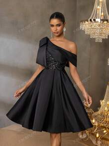 Faeriesty Luxury Sequined A-Line Asymmetrical Neck Bow Dress - Spring/Summer Formal Wear For Weddings, Private Parties & Galas, Party Dress, For Cocktail