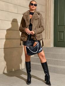 Risissida Ladies' Elegant Faux Fur Collar Short Jacket With Adjustable Waist And Bonus Belt - Perfect For Autumn And Winter - Brown - View 9