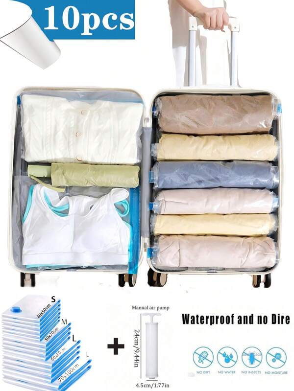 17/1pc Reusable Travel Vacuum Compression Storage Bags, Large Capacity Airtight Sealed Packing Cubes, Foldable Organizer Bags, Dust Proof, Moisture Proof, Insect Resistant, Space Saving PE Material For Shirts, Beddings, Perfect For Summer Travel