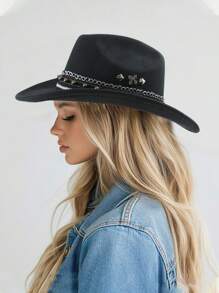 1pc Women's Classic Wide Brim Party Fedora Hat With Rivet Beads And Cowboy Hat Women's Panama Jazz Hat