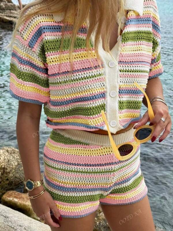 Women's Beach Vacation Fashion Leisure Temperament Spring And Summer New Color Collision Striped Slim Shorts