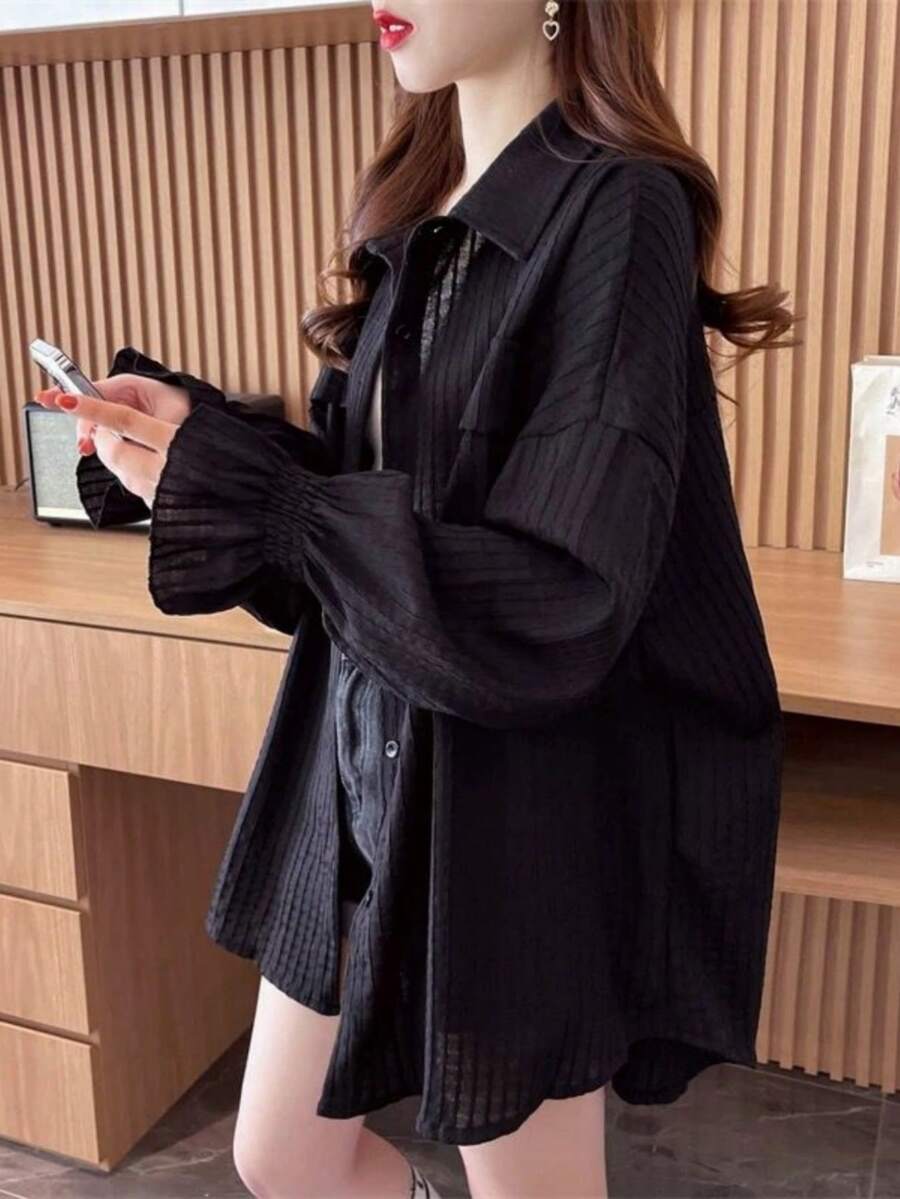 女式白色长袖轻薄宽松防晒开衫，夏季 - 黑色 - 查看 1