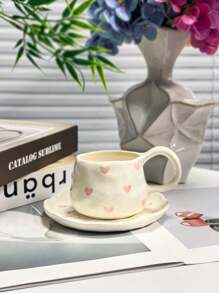 1 Pc/2 Pcs High-End Heart-Shaped Pinched Ceramic Coffee Cup & Saucer Set, Hand-Painted Pink Coffee Cup, Dessert Plate, Latte Mug, Elegant Heart-Shaped Cup & Saucer, Afternoon Tea Set, Milk Cup, Mother's Day Gift, Valentine's Day Gift, Ideal Gift Back To School