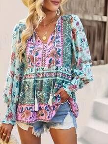Plus Women's Printed Lace Up Button V-Neck Ruffle Patchwork Shirt Spring - Light Green - View 2
