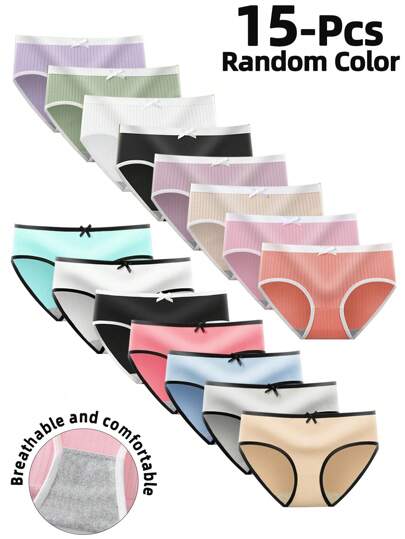 Calcinhas de poliéster lisas para meninas, 15 peças, cores aleatórias, com laço fofo, cintura média, confortáveis, roupa íntima de uso diário e doméstico de alto custo-benefício para adolescentes