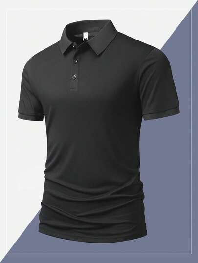 Men's Solid Color Breathable Fashion Casual Business Running Fitness Elastic Polo Shirt, Boyfriend Style Black Summer