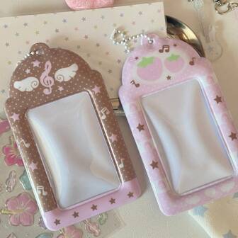 Soporte para tarjetas de fotos de 3 pulgadas con alas en color rosa y marrón, titular de tarjeta de estudiante lindo con fresa, útiles escolares para volver a la escuela