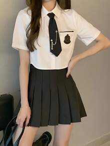 1pc Student Uniform Cosplay Set - White Short Sleeve Top + Dark Grey Pleated Skirt + Tie, 3-Piece Set, Suitable For Photoshoot, Valentine's Day, Party, Garden Date - Multicolor - View 3
