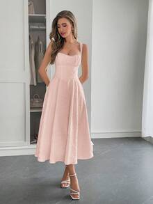 Unadoll 女士优雅性感露背褶饰领带、收腰度假约会、毕业季鸡尾酒会、晚宴、提花吊带连衣裙 - 粉色 - 查看 5