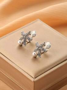1 par de brincos de cristal estrela do mar e pérola falsa com clipe para mulheres, acessórios elegantes e elegantes para uso diário e presentes