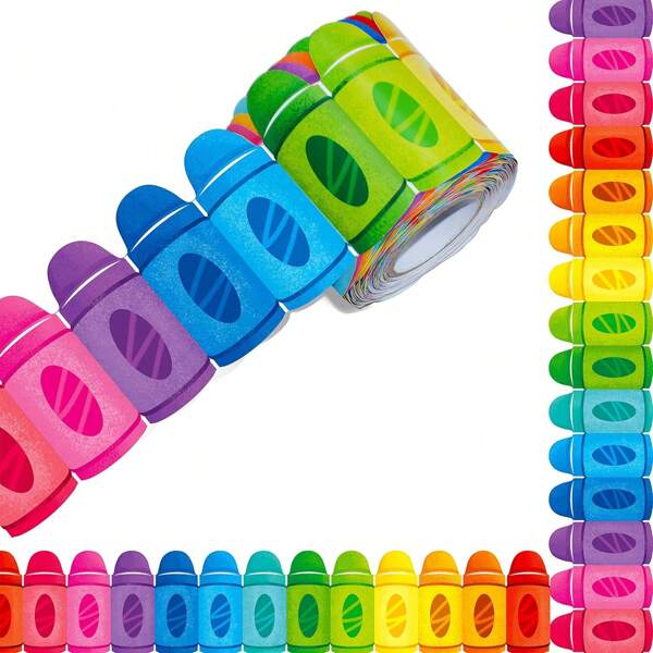 Bordes para tablón de anuncios, bordes decorativos con bordes enrollados de crayones de colores recortados, adecuados para escuelas, aulas y oficinas. Bordes decorativos enrollados de recortes de colores. Los adhesivos de bordes de pizarra y los adhesivos de bordes de recortes de colores son ideales para manualidades y decoraciones hechas a mano. Estos papeles autoadhesivos son ideales para agregar efectos visuales vívidos a una variedad de superficies, decoración de aulas, de vuelta a la escuela.