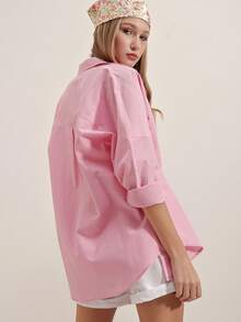 Basic Oversized Casual Button Front Shirt, Solid Color - Dusty Pink - View 5