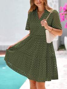 PRETTYGARDEN Women's Summer Dress V-Neck Hollow Eyelet Ruffle A-Line Hem Elegant Short Casual Wedding Graduation Travel Beach Holiday Vacation Army Green Dresses For Women - 軍綠色 - 查看 2