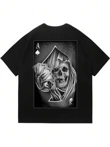 Camiseta de manga corta con estampado de calavera y cartas de juego para hombre, transpirable, cómoda, moda streetwear para el verano - Negro - Ver 2