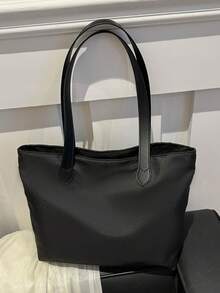 时尚纯色新款尼龙托特包，百搭大容量休闲单肩包，简约单肩购物袋，适合购物、钱包、年轻女性、大学生、初学者、白领。适用于办公室、大学、工作、商务、通勤、户外活动、旅行和郊游 - 黑色 - 查看 9