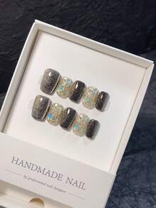 10 piezas de arte de uñas hecho a mano, uñas postizas, accesorios para uñas de verano, puntas de uñas postizas hechas a mano, uñas postizas cortas de primavera, uñas postizas cortas, uñas de ojo de gato pintadas a mano. - Multicolor - Ver 4