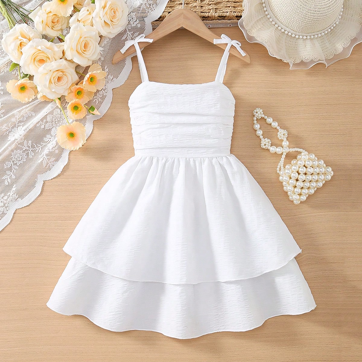 Vestido con falda plisada de doble capa con tirantes ajustables con moño para niña, color azul claro