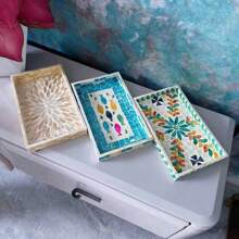 1 pieza Bandeja cuadrada de concha de perla, bandeja decorativa pintada a mano para almacenar maquillaje, joyas, bocadillos, postres, bebidas, pan, pasteles y artículos del hogar, accesorio de decoración de lujo nórdico