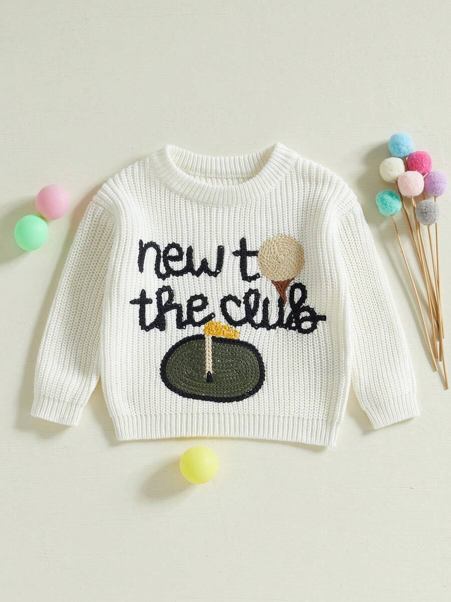 Suéter de otoño para bebé pequeño, jersey de punto de manga larga con cuello redondo y bordado de letras de golf - Blanco - Ver 1