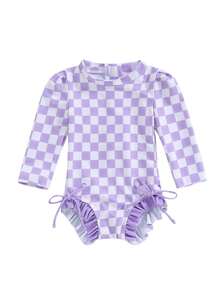 Girls Bikini Beach Swimwear Long Sleeve Checkerboard Print Ruffle Romper Bathing Suit - Morado - Ver 2
