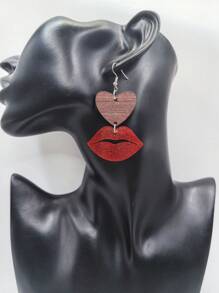1 Pair Red Acrylic Lip & Wooden Heart Drop Earrings, Fashion Minimalist Daily Matching Jewelry