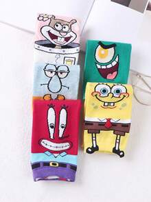 SPONGEBOB Bob Esponja 1/3/4/5 pares de meias curtas divertidas com estampa de desenho animado do Bob Esponja para o verão, respiráveis, absorventes de umidade, adequadas para uso diário, viagens escolares, meias curtas de cano baixo para estudantes, meias estilo barco - Multicolorido - Ver 5