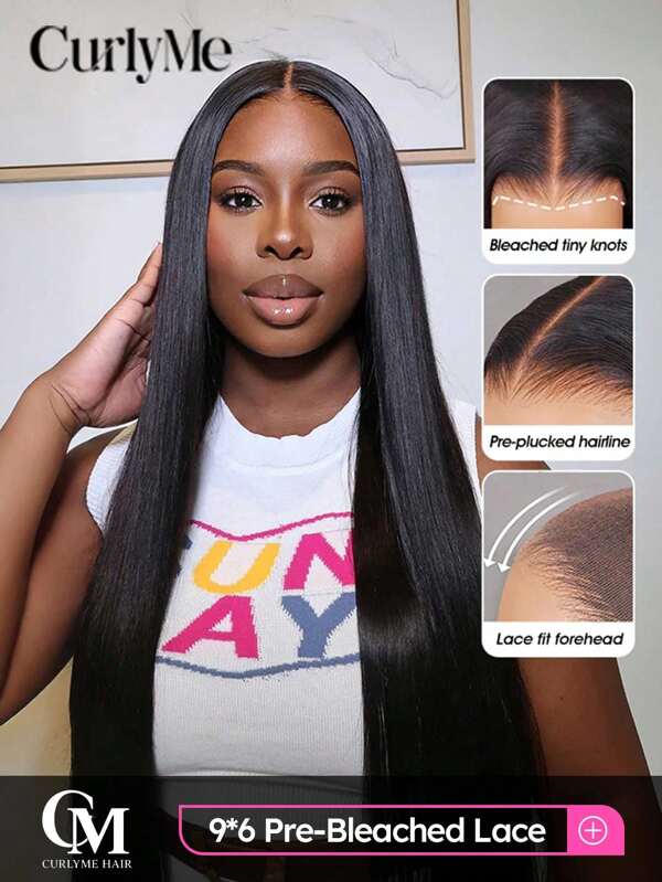 CURLYME CurlyMe Glueless Transparent Lace Front Wig 9x6 Pre-Cut Pre-Plucked Bleaching Knots Straight Human Hair Wear & Go SNatural Color No Glue Needed 180% Density Natural Hairline