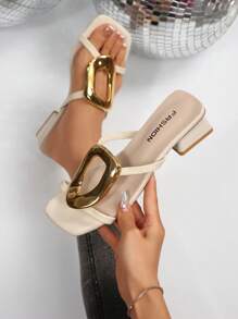 Women's Beige Open Toe Square Head Thick Heel Strap Buckle Decor High Heel Sandals, Elegant Charming Elegant Romantic Sexy Simplistic Suitable For Wedding, Party, Dress, Mule
