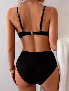 夏季纯色性感优雅波西米亚风吊带甜美比基尼泳衣沙滩度假两件套黑色 - 黑色 - 查看 3