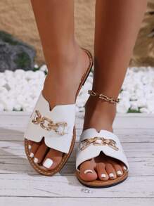 1 Pair Fashionable Minimalist Teenager Slide Sandals, Comfortable & Versatile, Chain Accent On Shoes, Suitable For Outdoor, Beach, Commuting
