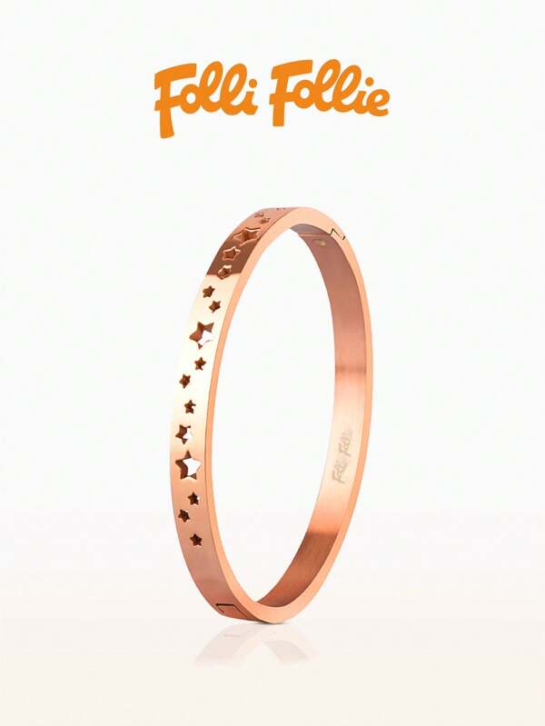 Folli Follie Bracelet For Women Minimalist Stainless Steel Cuff Bracelet With Hollow Stars Open Clasp Classical Plain Bangle Bracelet Adjustable Twist Jewelry Gifts,Rose Gold