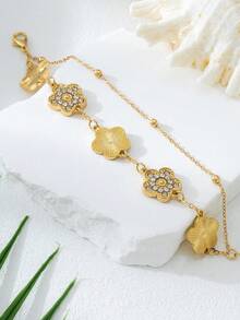 1 件水钻装饰四叶草幸运设计双层手链，适合女士，甜蜜派对礼物（手工制作，珠子数量可能有所不同，固定长度）