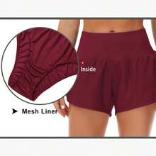 Womens High Waisted Running Shorts Quick Dry Athletic Workout Shorts With Mesh Liner Zipper Pockets - Burgundy - View 5