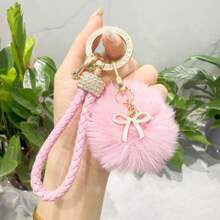 TTOBS 1pc Elegant Braided Leather Keychain With Fluffy Pompom Charm - Durable, Stylish & Versatile Women Key Holder - Multiple Colors, Perfect Car Owner Accessory, Fashionable Gift Idea