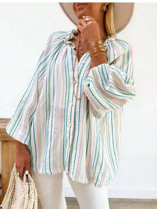 Plus Size Wmen's Round Neck Wood Ear Shirt Sweet Casual Lantern Sleeve Striped Short Top