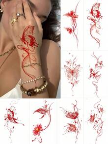 8 hojas de tatuajes temporales de mariposas Y2K rojas para la parte baja de la espalda, tatuajes realistas a prueba de agua para manos, espalda, pecho y cuello, para fiestas, festivales y suministros de maquillaje diario - Rojo - Ver 1