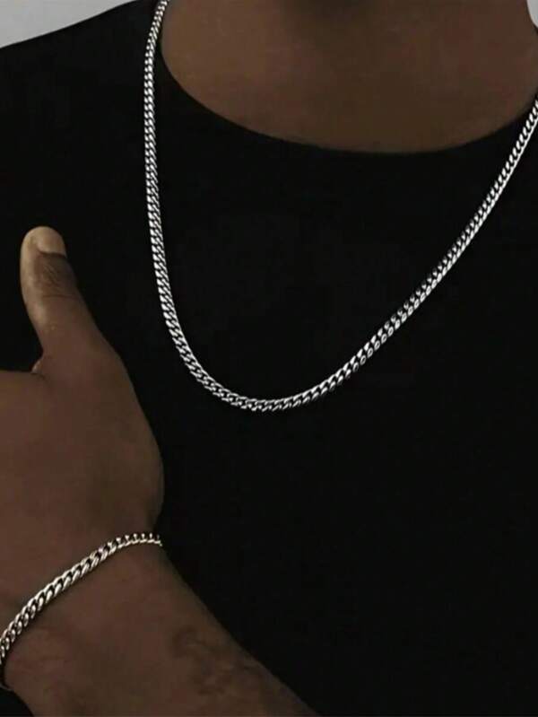 2pcs/Set Stainless Steel Street Punk Necklace & Bracelet Set, Fashionable Jewelry For Men, Won't Fade, Perfectly Matches Style