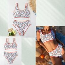 Trajes de baño de playa para mujer, 2025, con estampado de plantas y hojas, estilo bohemio, sexy, con ribete en contraste, para verano. - Multicolor - Ver 5