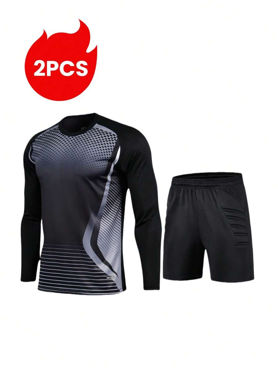 2pcs/Set Goalkeeper Jersey With Foam Elbow Pads, Chest Anti-Slip Rubber Strips, Long Sleeve Breathable Quick-Dry Striped T-Shirt + Goalkeeper Shorts With Elastic Waist, Suitable For Training And Matches