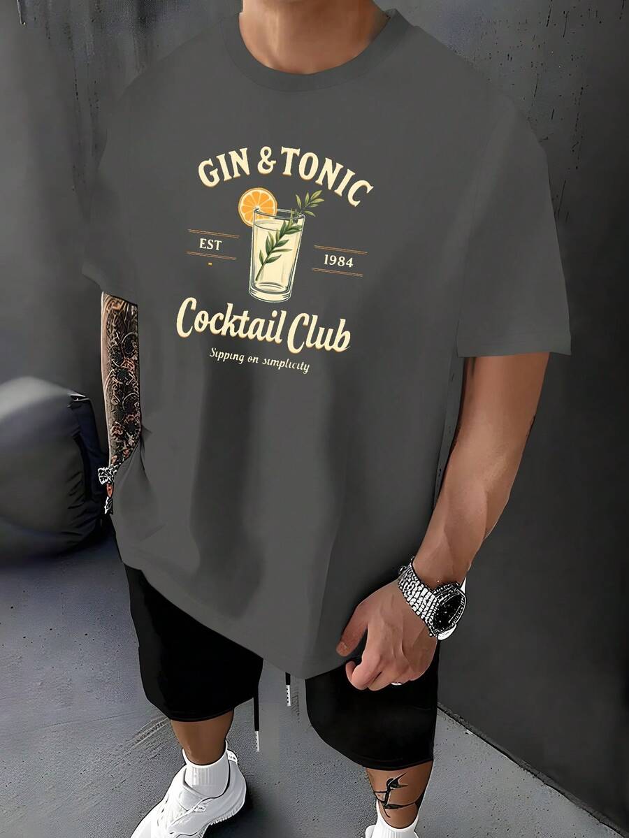 Gin Tonic Illustration Men's Pure Cotton Tshirt Comfort Fit - Dark Grey - View 1