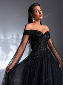 IBTRLY Elegant Black Off Shoulder V-Neck Mesh Full-Dress Formal Party Evening Dress