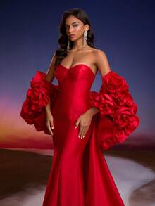 Anymoon Women's Luxury Handmade Floral Decor Formal Evening Gown/Wedding Dress With Train, Suitable For Formal Occasions, Parties And Weddings Spring Party - Red - View 8