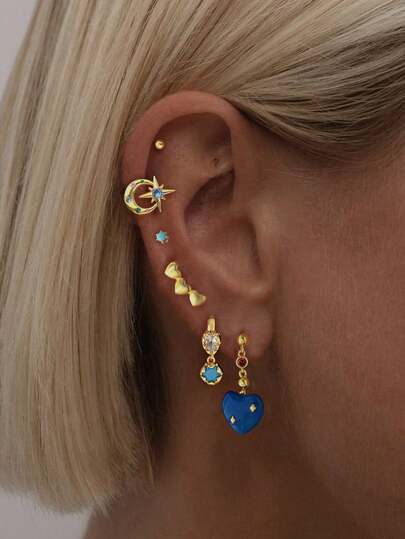 6 件/套单边优雅方晶锆石心形耳钉，简约时尚配饰套装，适合女性约会、派对、通勤