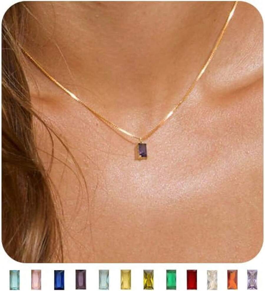 FUNEIA Women 14K Gold Plated Emerald Birthstone Necklace Women Mothers Dainty Gold Necklace Blue Green Cubic Zirconia Pendant Necklace Birthday Gifts Women Jewelry - 02. 二月(紫水晶) - 查看 1