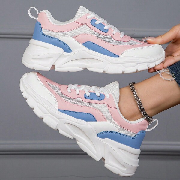 Women's Casual Sportswear Shoes, Leather & Mesh Splicing, Breathable, Running Shoes, Colorblock Patchwork Y2K Streetwear Sequin Splicing Leisure Shoes, Outdoor Spring/Autumn